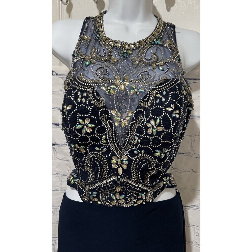 Camille La Vie navy beaded bodice halter neck formal gown prom dress size 6